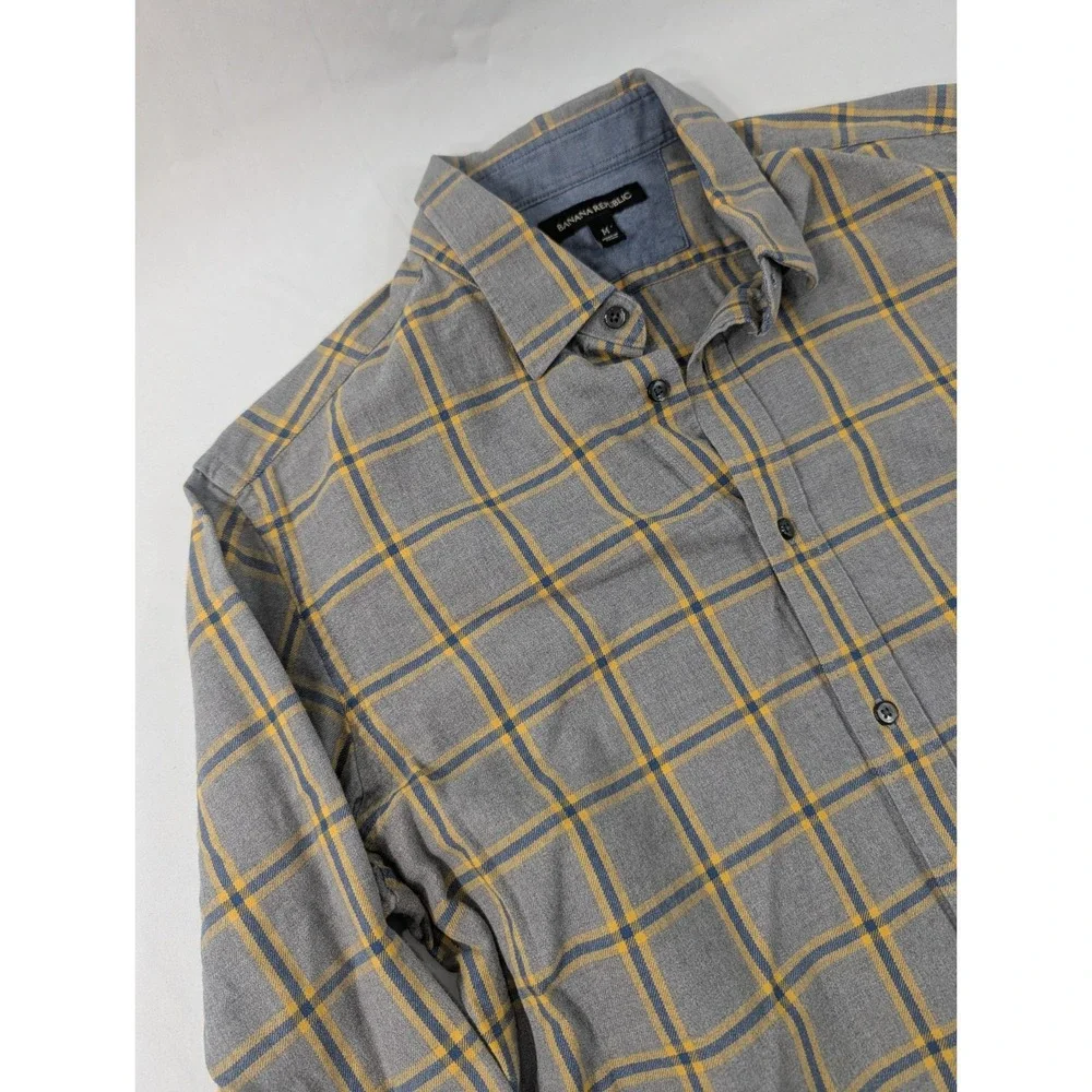 Banana Republic Shirt Mens Medium Gold Blue Gray Plaid Cotton Long Sleeve